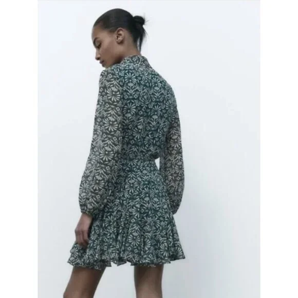 ZARA Sheer Leaf Print Belted Button Front Dress in Forest Green Boho - Size S - Picture 2 of 16